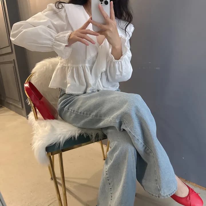 있음 선적 한국 동대문 프릴 레이스업 나팔 소매 셔츠 자외선 차단 꽃무늬 쉬폰 상세 이미지 11