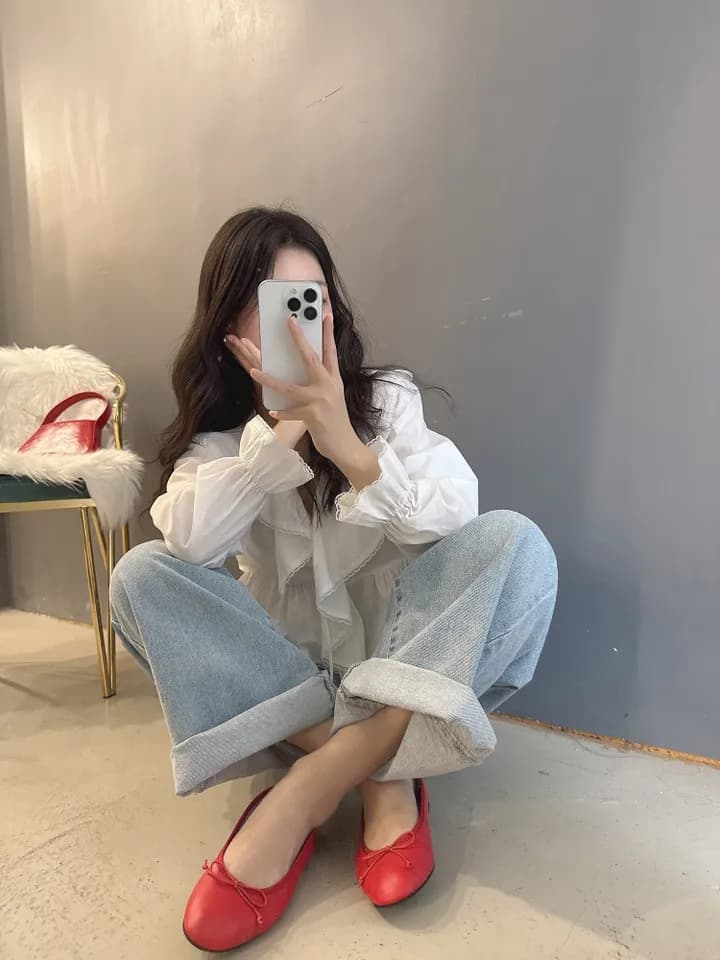 있음 선적 한국 동대문 프릴 레이스업 나팔 소매 셔츠 자외선 차단 꽃무늬 쉬폰 상세 이미지 13