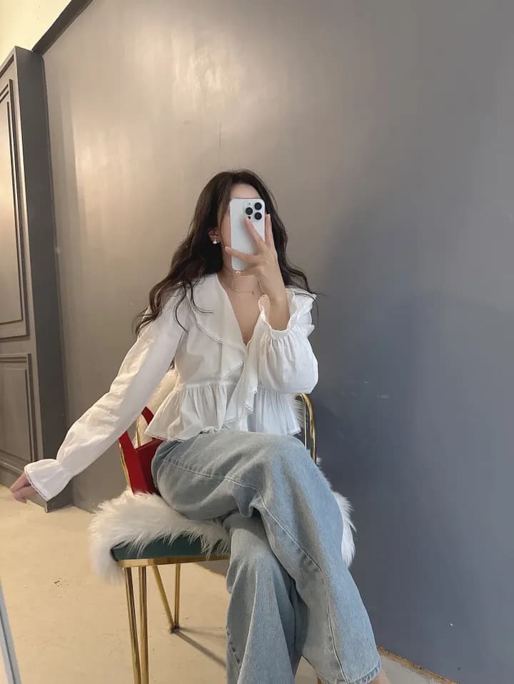 있음 선적 한국 동대문 프릴 레이스업 나팔 소매 셔츠 자외선 차단 꽃무늬 쉬폰 상세 이미지 14