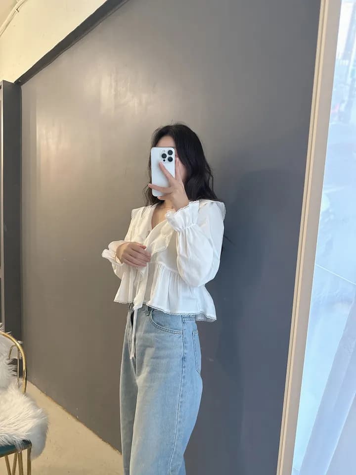 있음 선적 한국 동대문 프릴 레이스업 나팔 소매 셔츠 자외선 차단 꽃무늬 쉬폰 상세 이미지 15