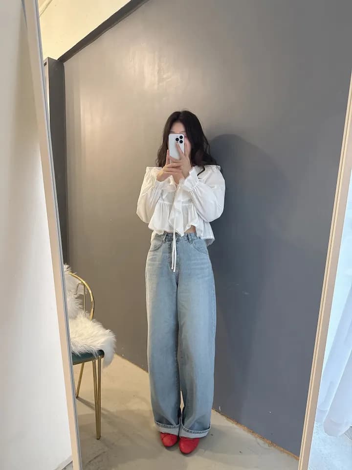 있음 선적 한국 동대문 프릴 레이스업 나팔 소매 셔츠 자외선 차단 꽃무늬 쉬폰 상세 이미지 17