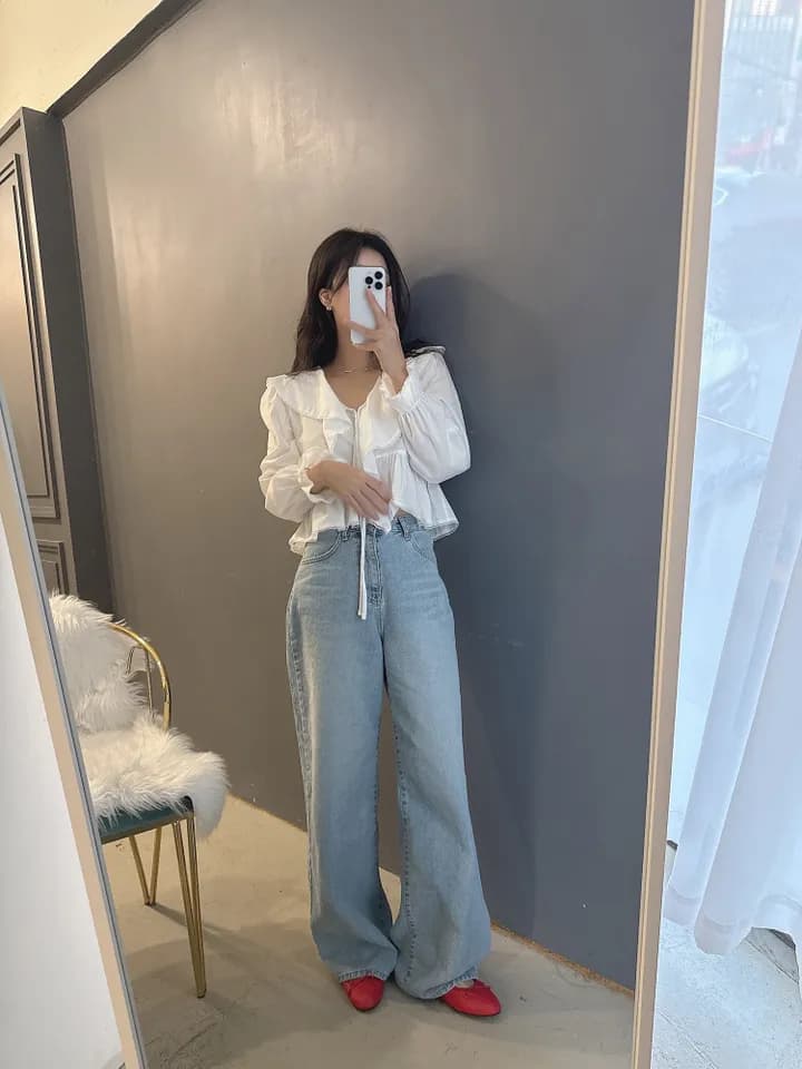 있음 선적 한국 동대문 프릴 레이스업 나팔 소매 셔츠 자외선 차단 꽃무늬 쉬폰 상세 이미지 18