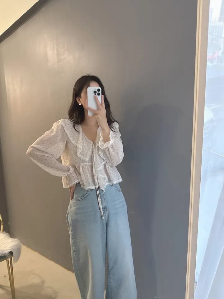 있음 선적 한국 동대문 프릴 레이스업 나팔 소매 셔츠 자외선 차단 꽃무늬 쉬폰 상세 이미지 19