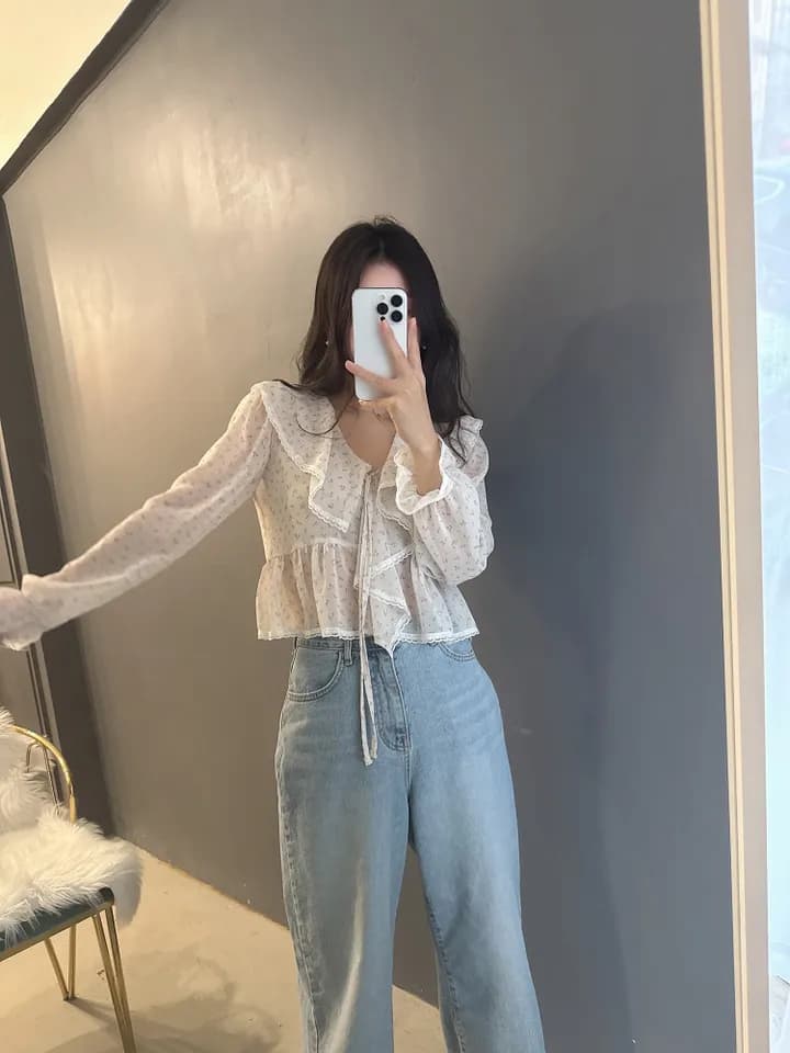 있음 선적 한국 동대문 프릴 레이스업 나팔 소매 셔츠 자외선 차단 꽃무늬 쉬폰 상세 이미지 20