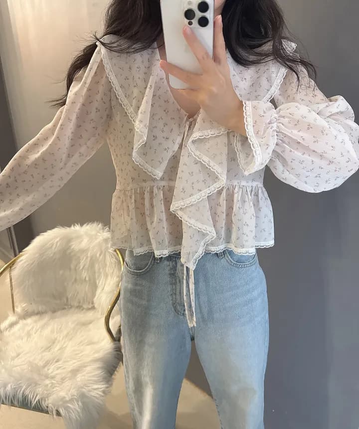 있음 선적 한국 동대문 프릴 레이스업 나팔 소매 셔츠 자외선 차단 꽃무늬 쉬폰 상세 이미지 22