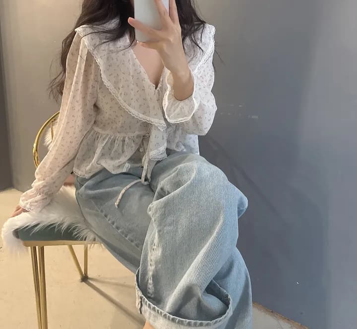 있음 선적 한국 동대문 프릴 레이스업 나팔 소매 셔츠 자외선 차단 꽃무늬 쉬폰 상세 이미지 23