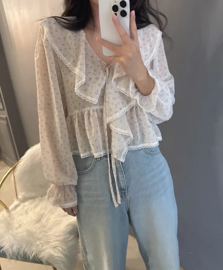 있음 선적 한국 동대문 프릴 레이스업 나팔 소매 셔츠 자외선 차단 꽃무늬 쉬폰 상세 이미지 24