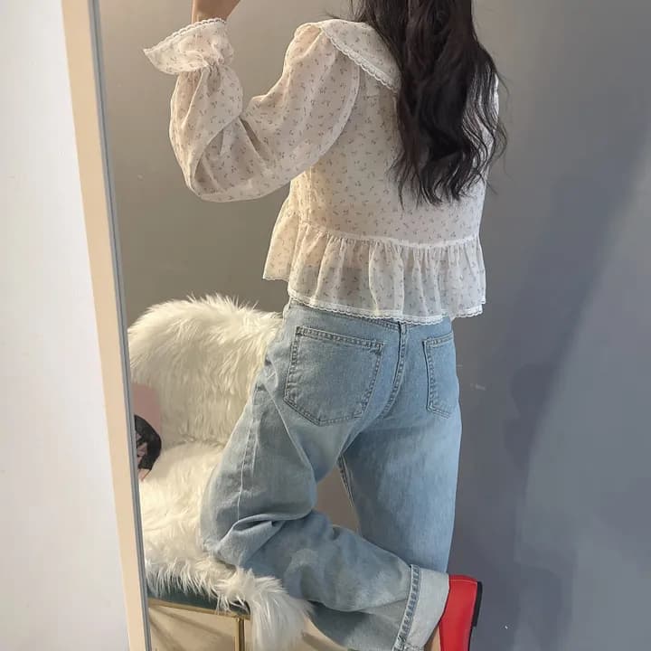 있음 선적 한국 동대문 프릴 레이스업 나팔 소매 셔츠 자외선 차단 꽃무늬 쉬폰 상세 이미지 25