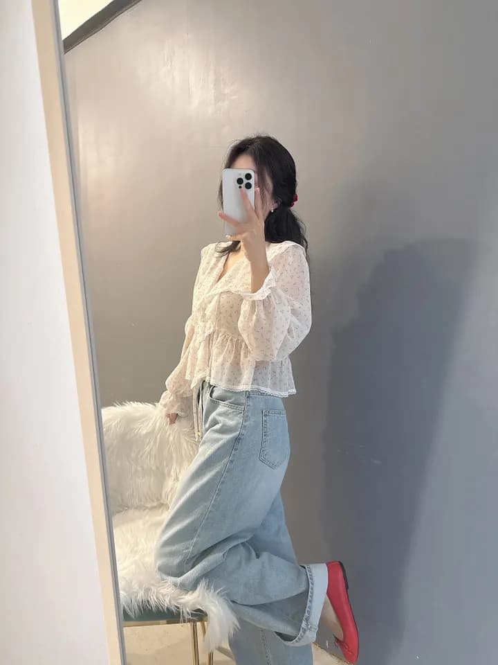있음 선적 한국 동대문 프릴 레이스업 나팔 소매 셔츠 자외선 차단 꽃무늬 쉬폰 상세 이미지 26