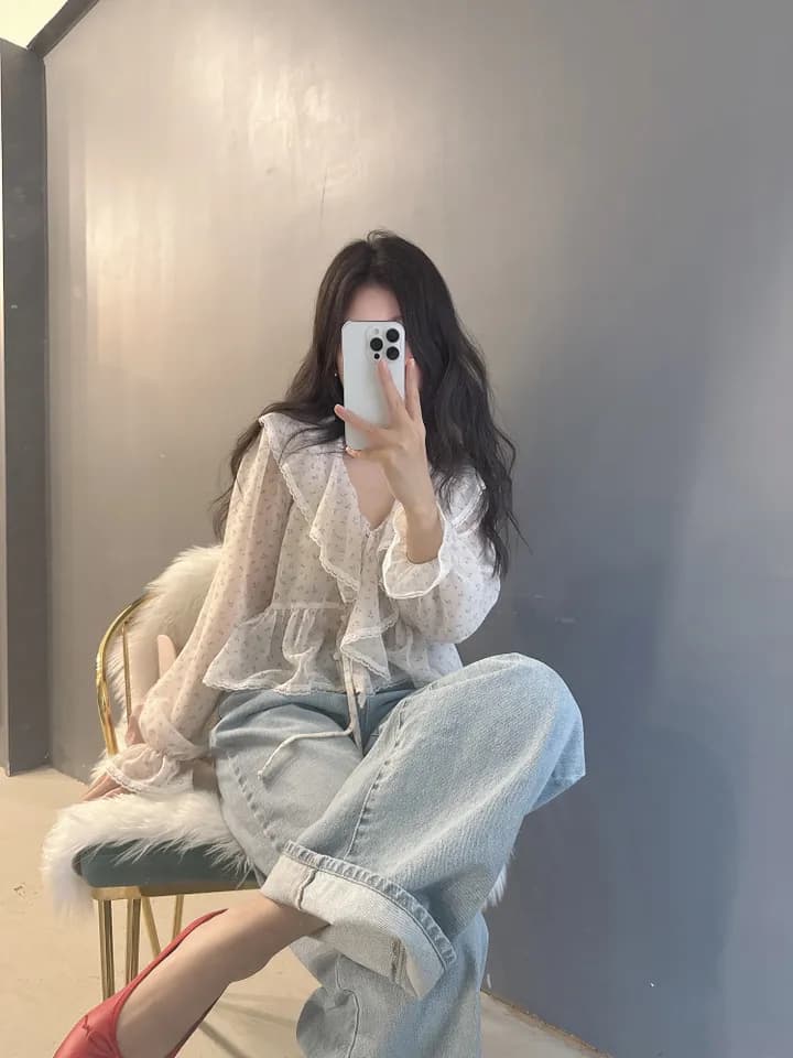 있음 선적 한국 동대문 프릴 레이스업 나팔 소매 셔츠 자외선 차단 꽃무늬 쉬폰 상세 이미지 27