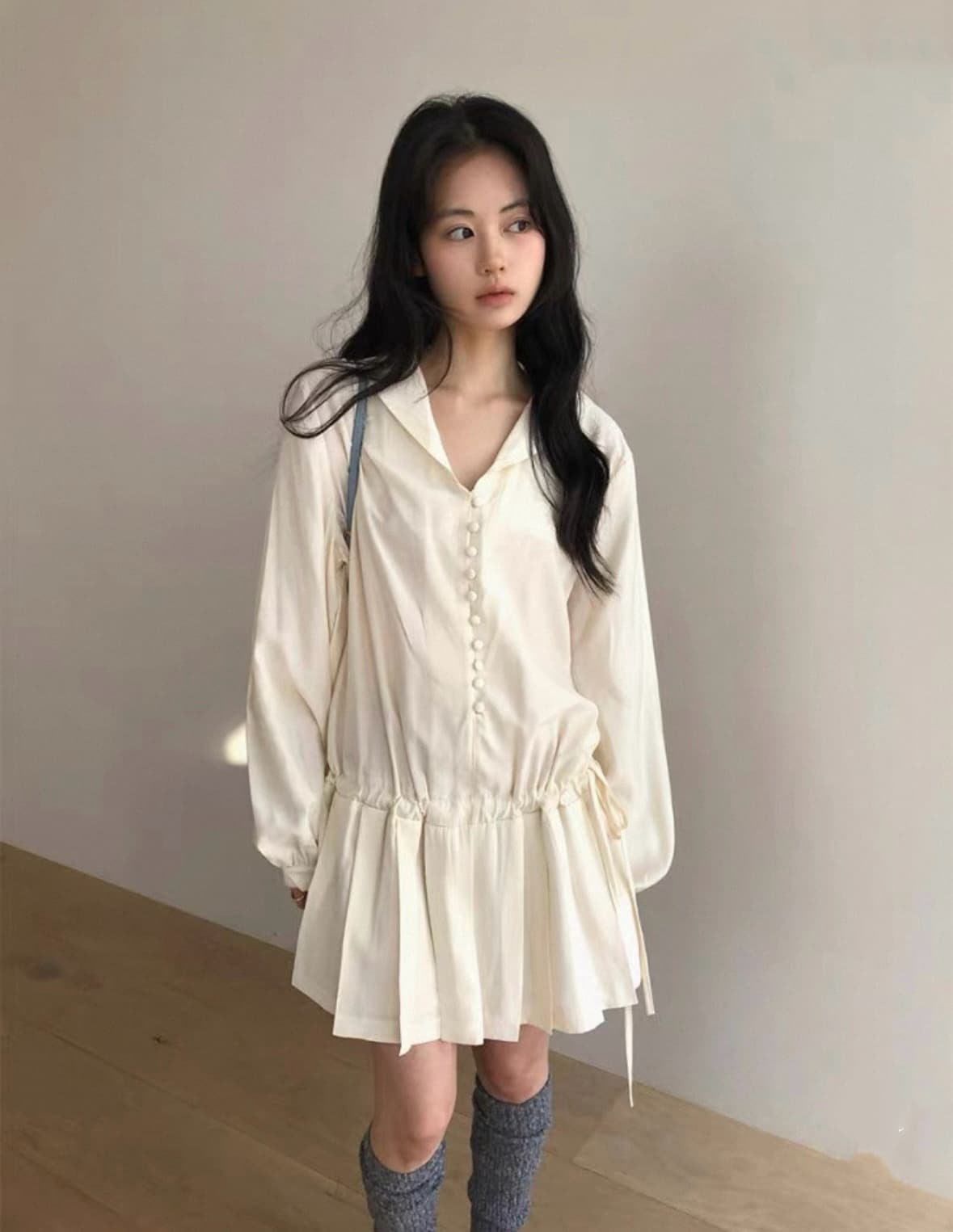 있음 선적 한국 chic 품격 다용도 신선함 플리츠 펌프 로프 슬림해 보이는 드레스 이미지 2
