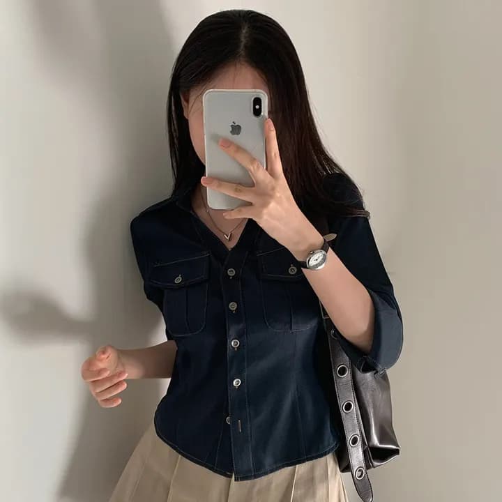 한국 ins 레트로 캐주얼 패션 허리 수축 몸매 가꾸기 데님 셔츠 이미지 3