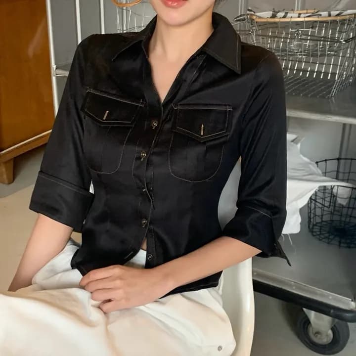 한국 ins 레트로 캐주얼 패션 허리 수축 몸매 가꾸기 데님 셔츠 상세 이미지 7