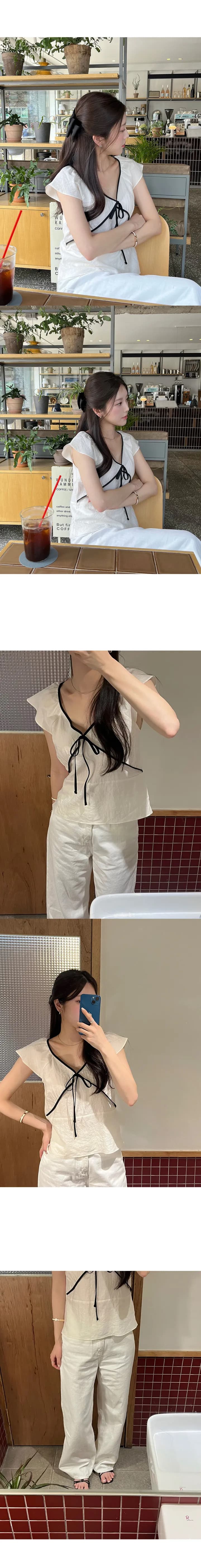 있음 선적 한국 ins 레트로 연령 감소 배색 V넥 레이스업 Feifei 소매 셔츠 상세 이미지 1