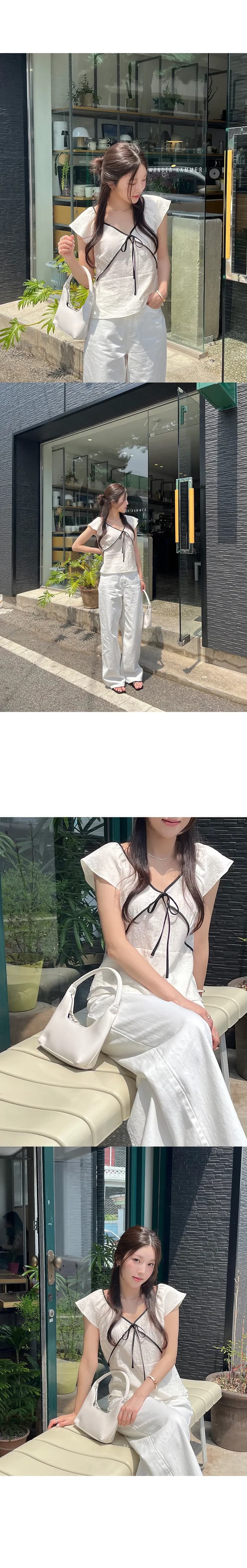 있음 선적 한국 ins 레트로 연령 감소 배색 V넥 레이스업 Feifei 소매 셔츠 상세 이미지 2