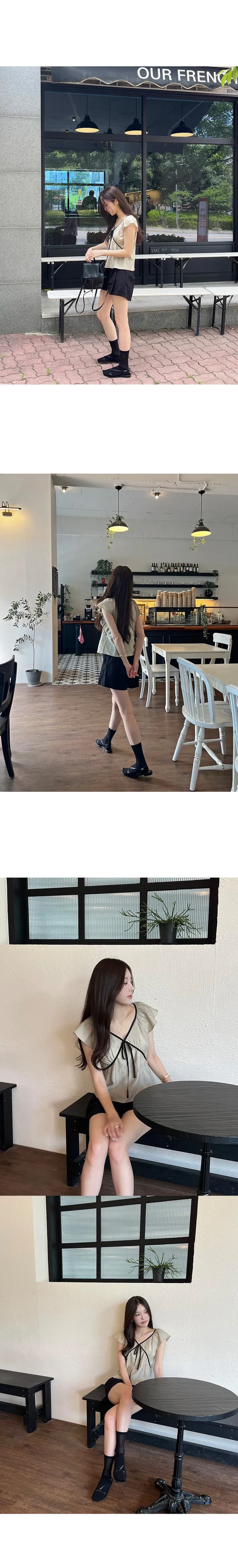 있음 선적 한국 ins 레트로 연령 감소 배색 V넥 레이스업 Feifei 소매 셔츠 상세 이미지 3