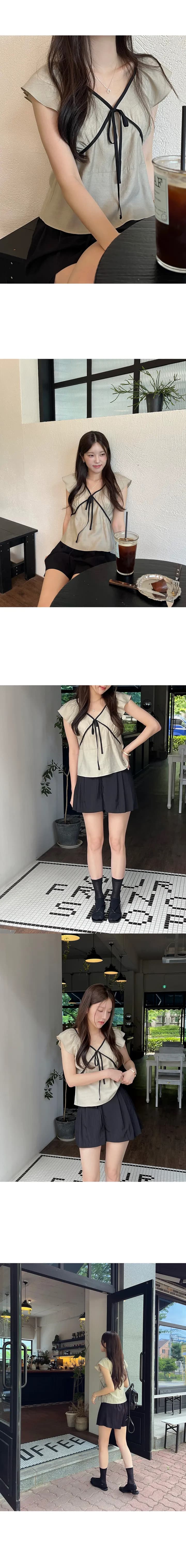 있음 선적 한국 ins 레트로 연령 감소 배색 V넥 레이스업 Feifei 소매 셔츠 상세 이미지 4