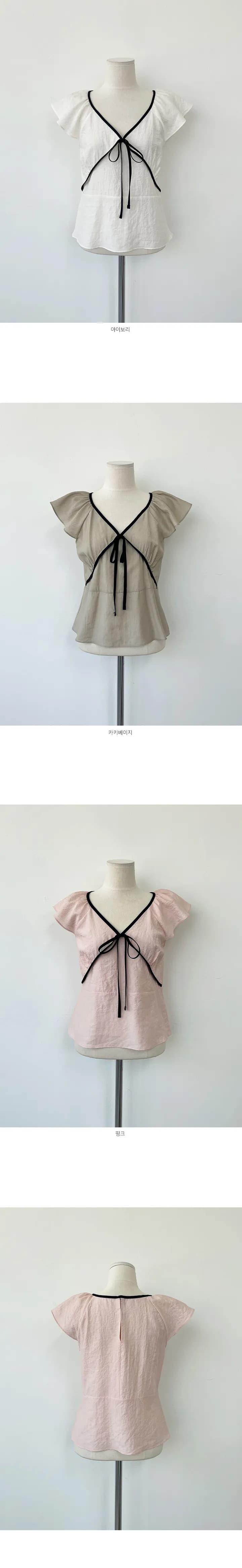 있음 선적 한국 ins 레트로 연령 감소 배색 V넥 레이스업 Feifei 소매 셔츠 상세 이미지 5