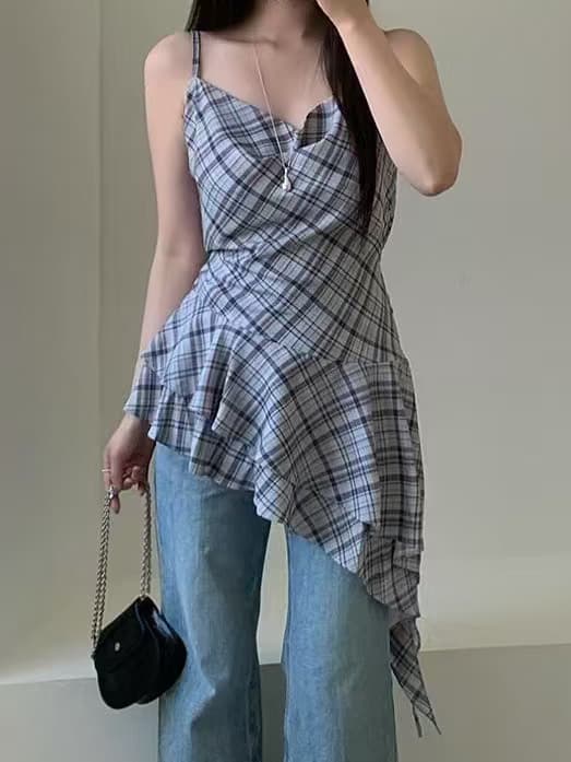 있음 선적 한국 ins 작은 대중 디자인 센스 불규칙 레이스 체크무늬 조끼 슬립 이미지 3