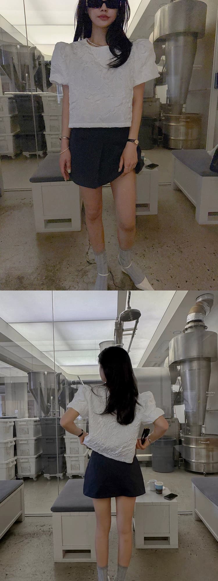 있음 선적 한국 ins 연인 미시 라운드 넥 주름 소재 거품 소매 셔츠 상세 이미지 2