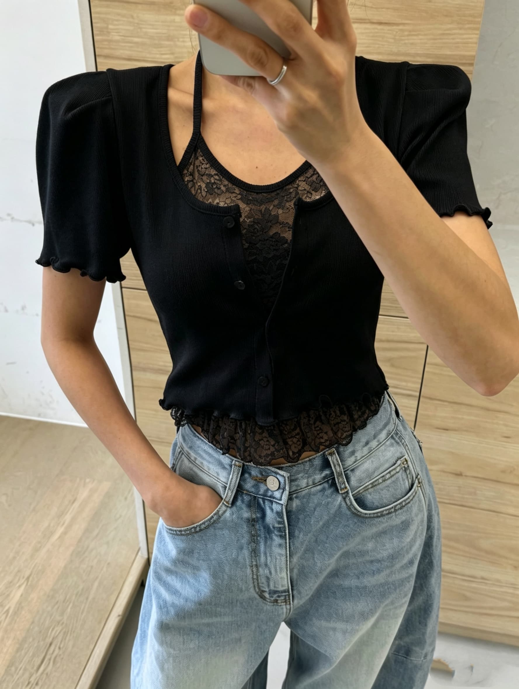 있음 선적 한국 동대문 부드러운 다용도 행침 목 페이크 레이어드 반팔 맨위 상세 이미지 6