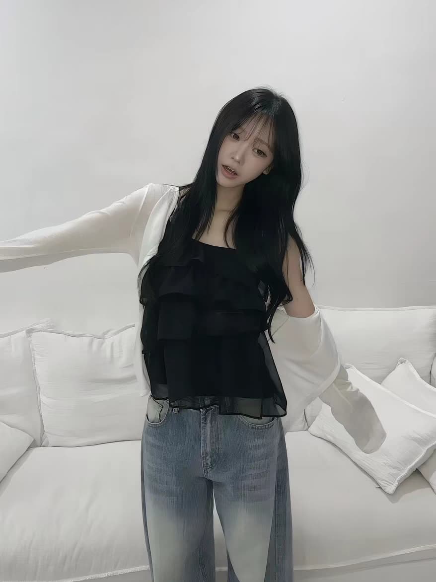있음 선적 한국 ins 작은 대중 계단식 주름 레이스 쉬폰 달콤함 캐미솔 이미지 4