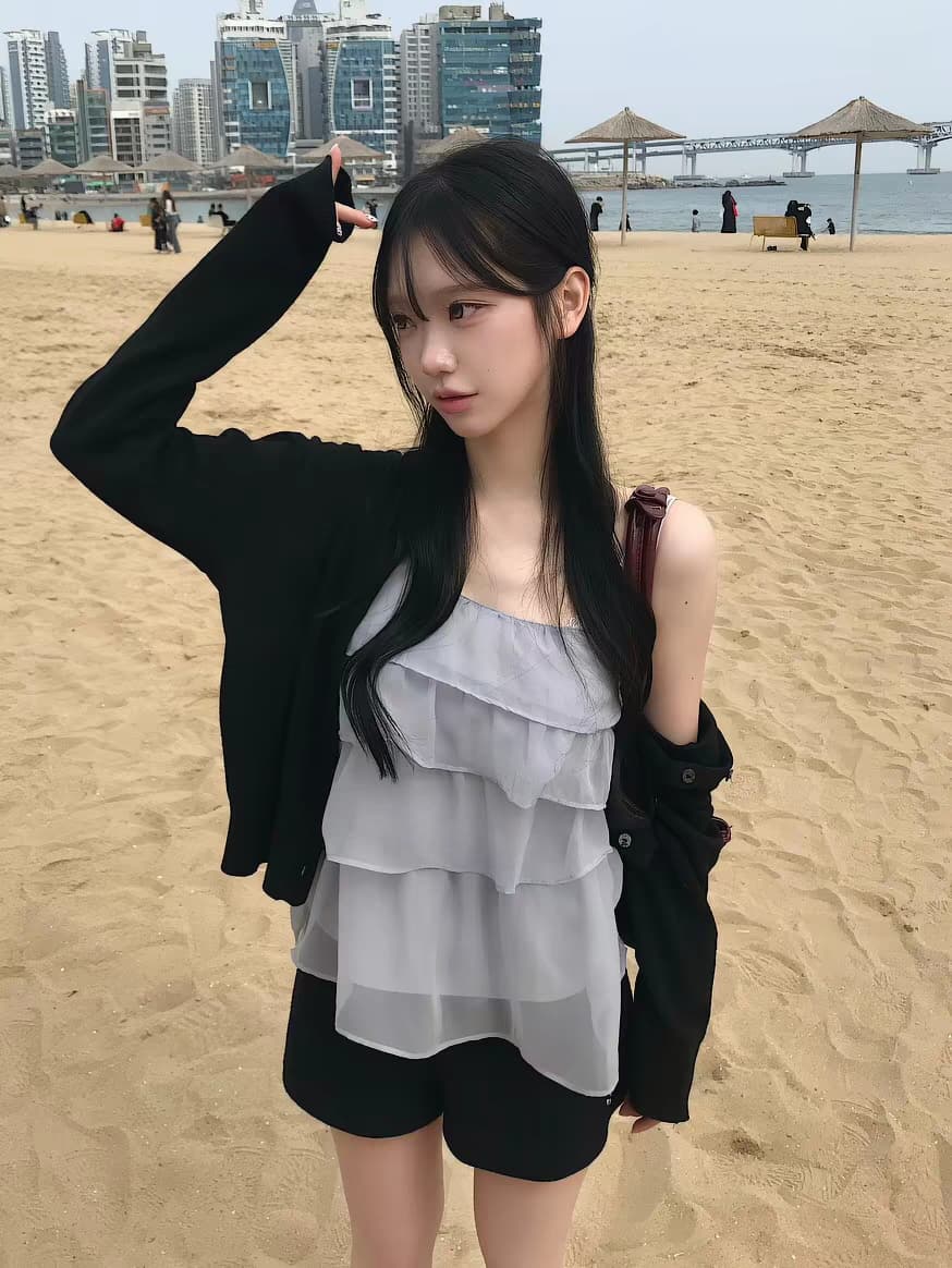 있음 선적 한국 ins 작은 대중 계단식 주름 레이스 쉬폰 달콤함 캐미솔 상세 이미지 1