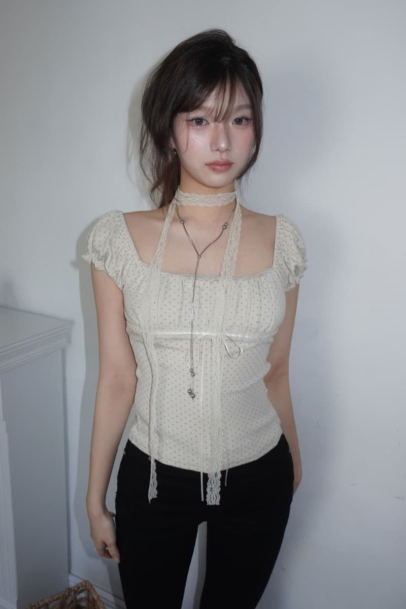 있음 선적 한국 ins 달콤함 레이스 긴 벨트 와인딩 주위 목 레이스 훅 관대 한 칼라 티셔츠 상세 이미지 3