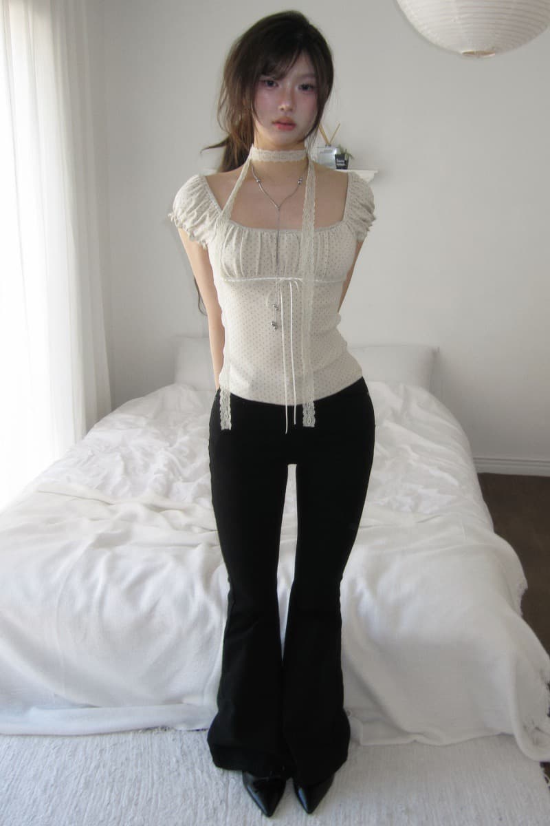 있음 선적 한국 ins 달콤함 레이스 긴 벨트 와인딩 주위 목 레이스 훅 관대 한 칼라 티셔츠 상세 이미지 4