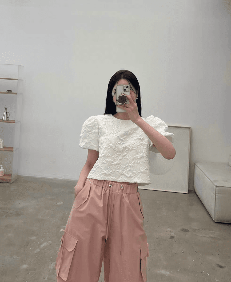있음 선적 한국 ins 슬림해 보이는 질감 센스 버블 Pleat 반팔 셔츠 상세 이미지 4