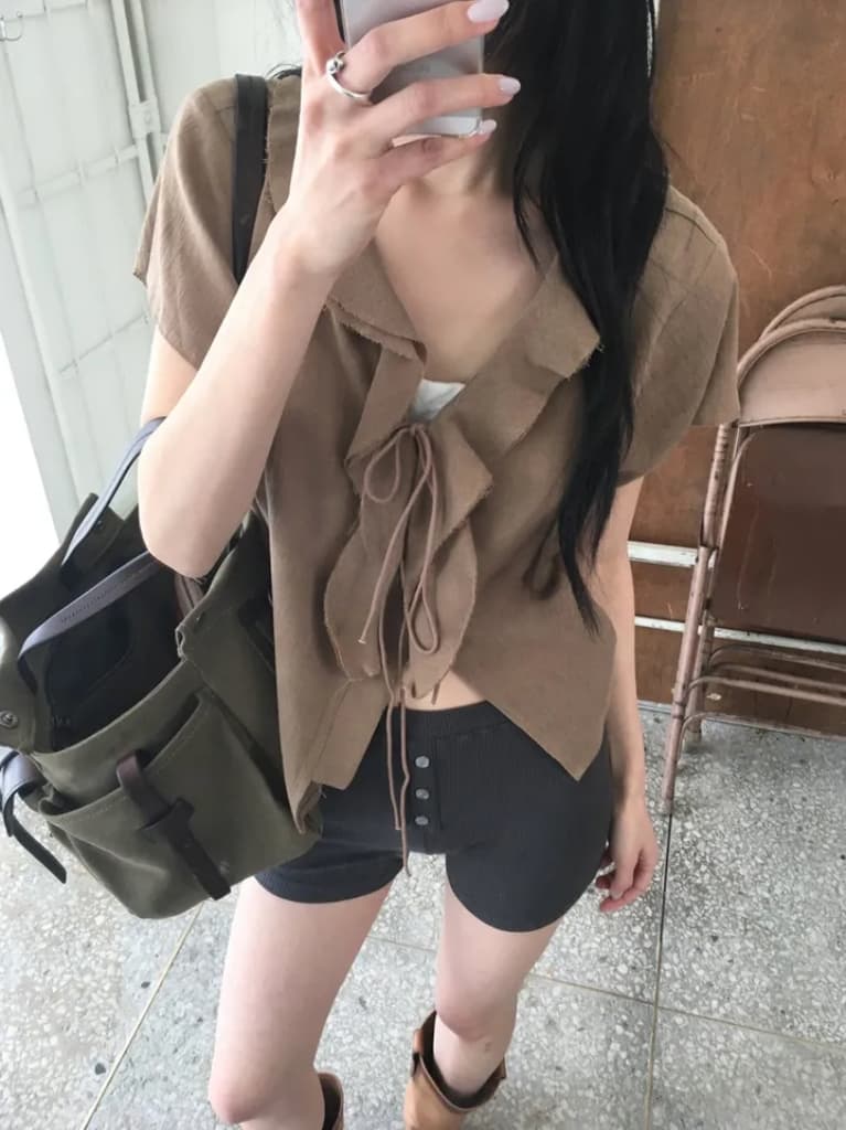 있음 선적 한국 ins 프릴 레이스업 아마 자외선 차단 셔츠