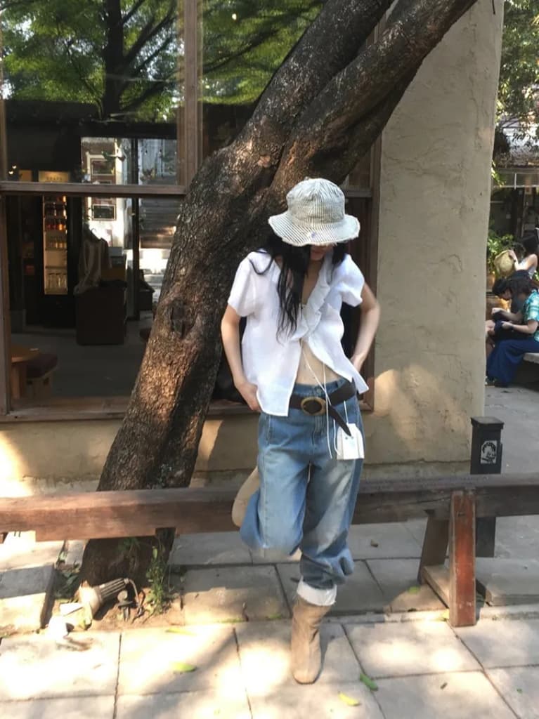 있음 선적 한국 ins 프릴 레이스업 아마 자외선 차단 셔츠 상세 이미지 6