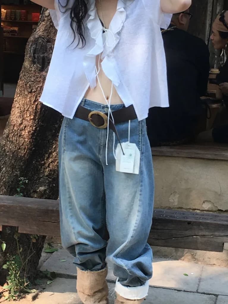 있음 선적 한국 ins 프릴 레이스업 아마 자외선 차단 셔츠 상세 이미지 7