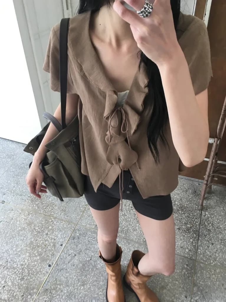 있음 선적 한국 ins 프릴 레이스업 아마 자외선 차단 셔츠 상세 이미지 15
