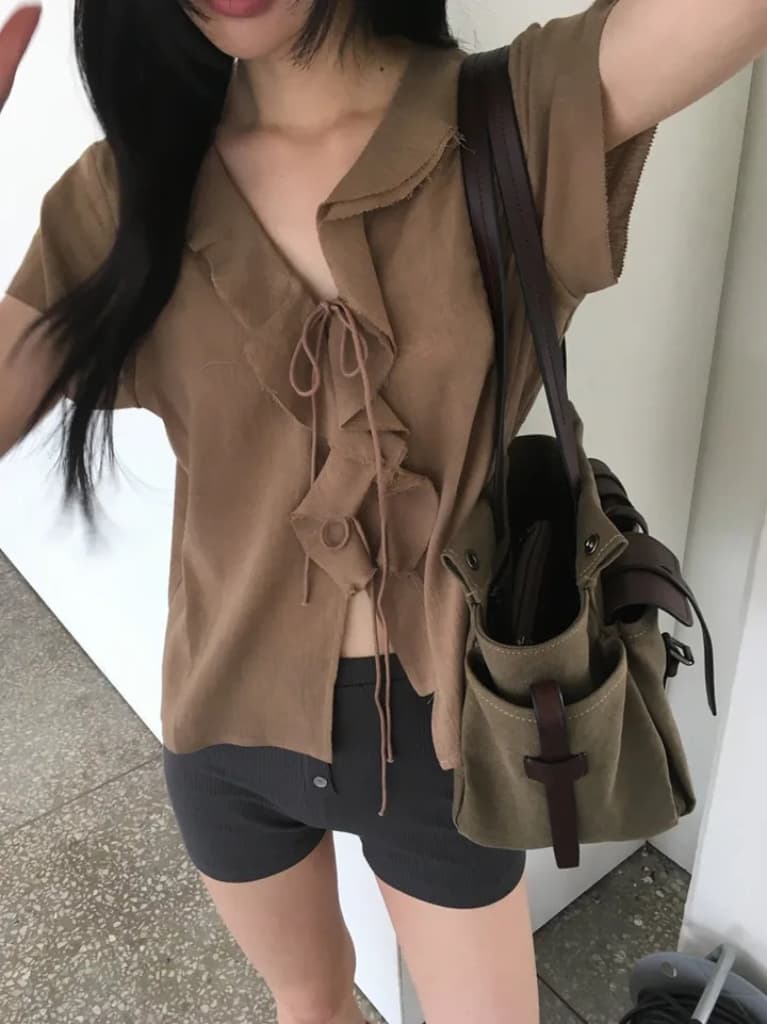있음 선적 한국 ins 프릴 레이스업 아마 자외선 차단 셔츠 상세 이미지 16