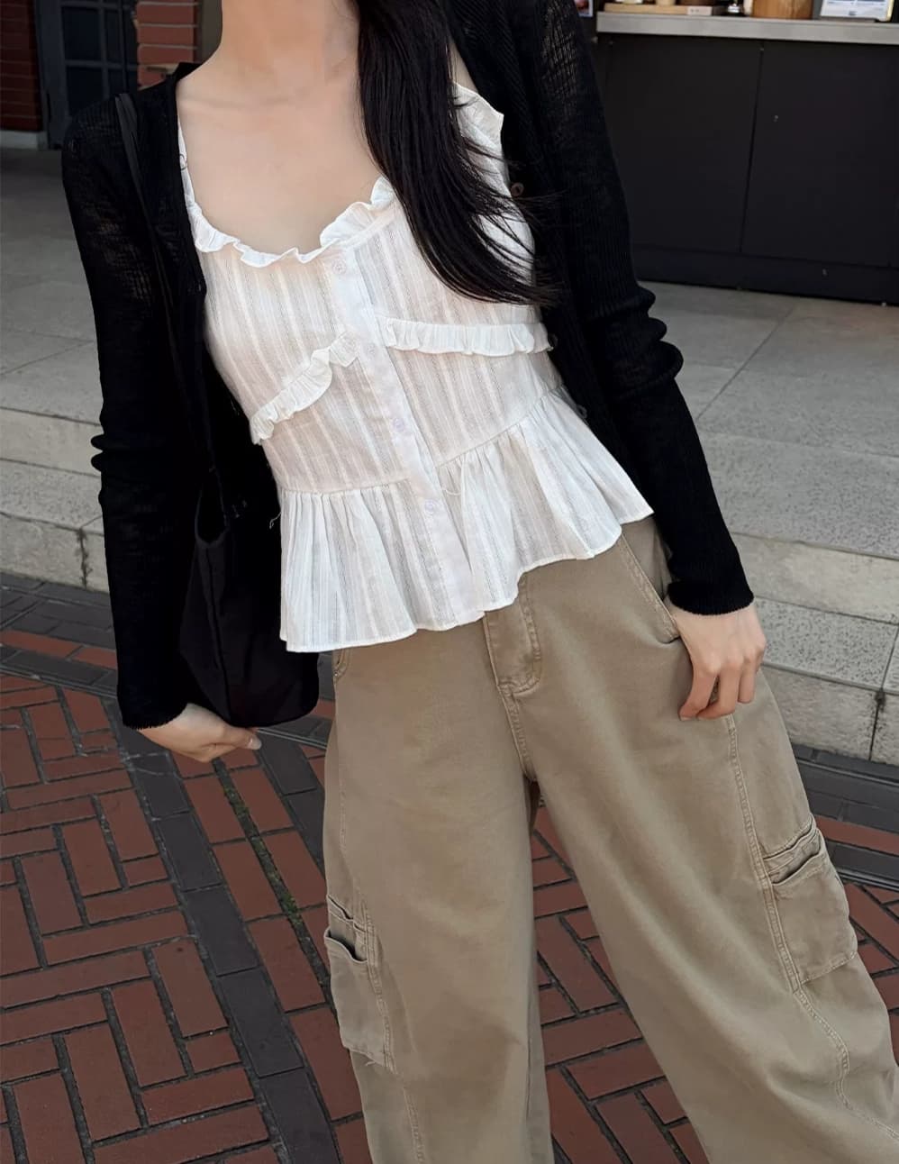있음 선적 한국 ins 레트로 주름 질감 부서 버클 레이스 슬립 셔츠 이미지 3