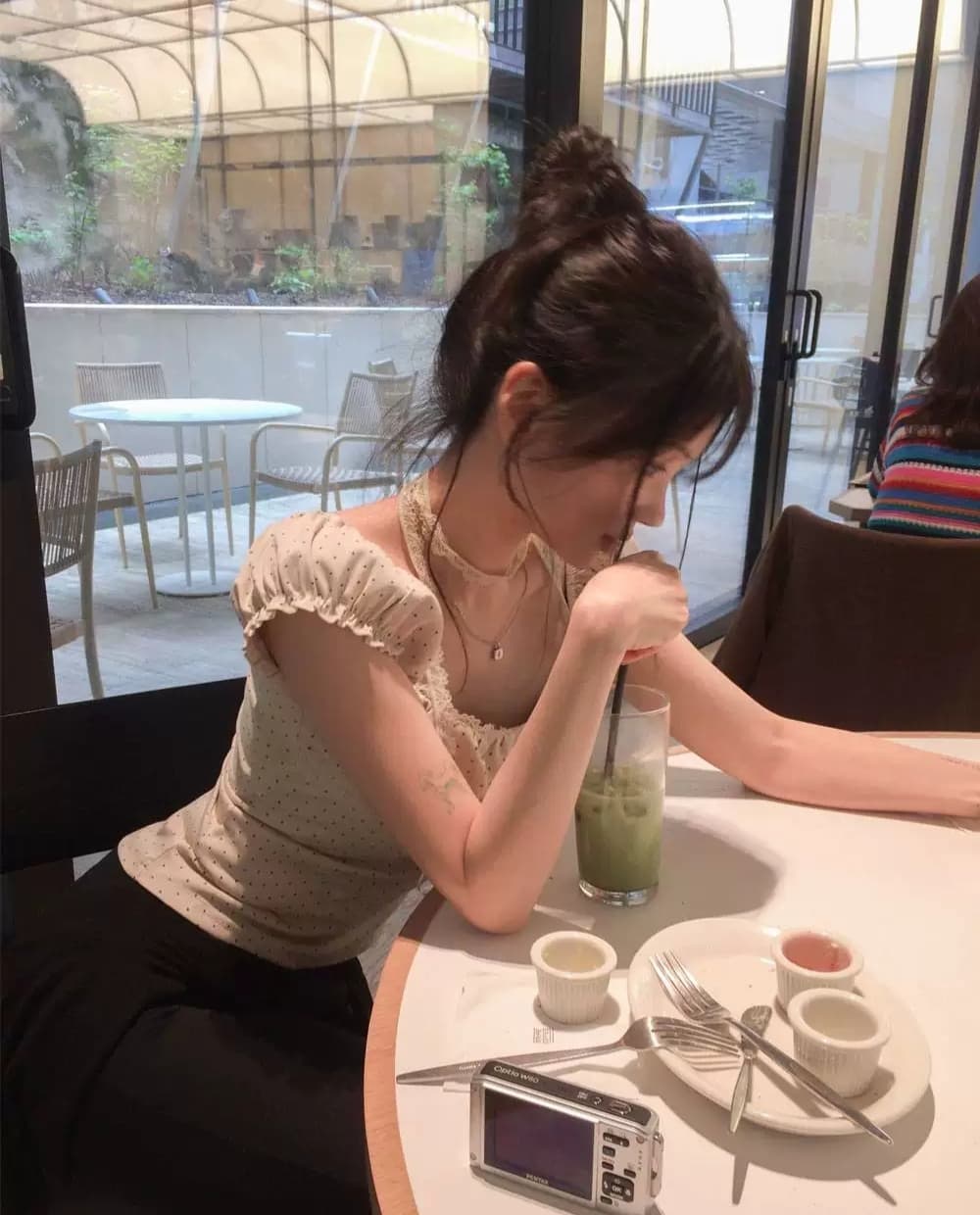 있음 선적 한국 ins 달콤함 허리 수축 주름 도트 무늬 버블 반팔 티셔츠 이미지 4