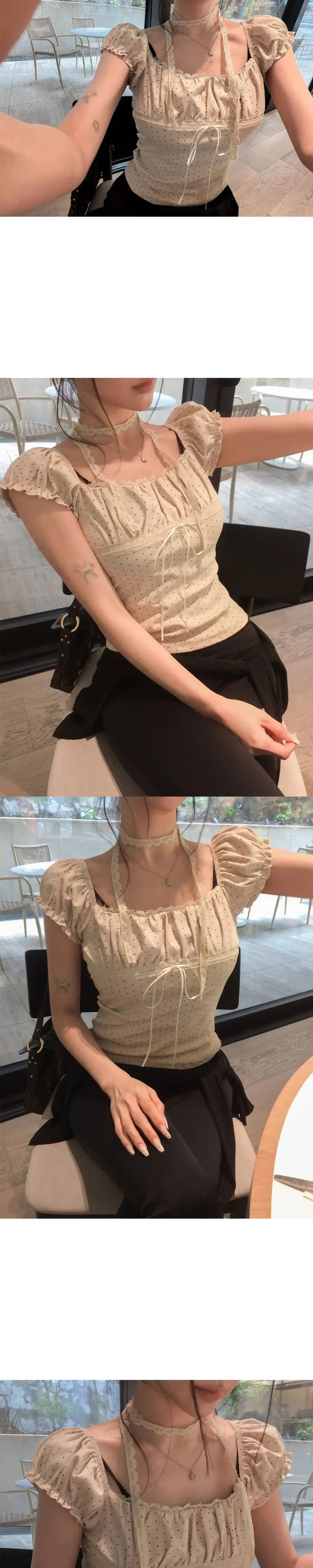 있음 선적 한국 ins 달콤함 허리 수축 주름 도트 무늬 버블 반팔 티셔츠 상세 이미지 2