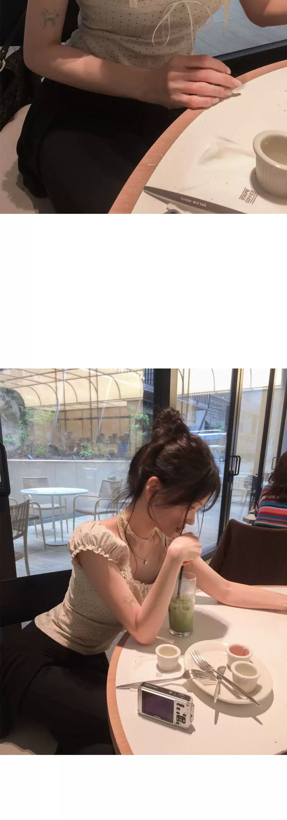 있음 선적 한국 ins 달콤함 허리 수축 주름 도트 무늬 버블 반팔 티셔츠 상세 이미지 3