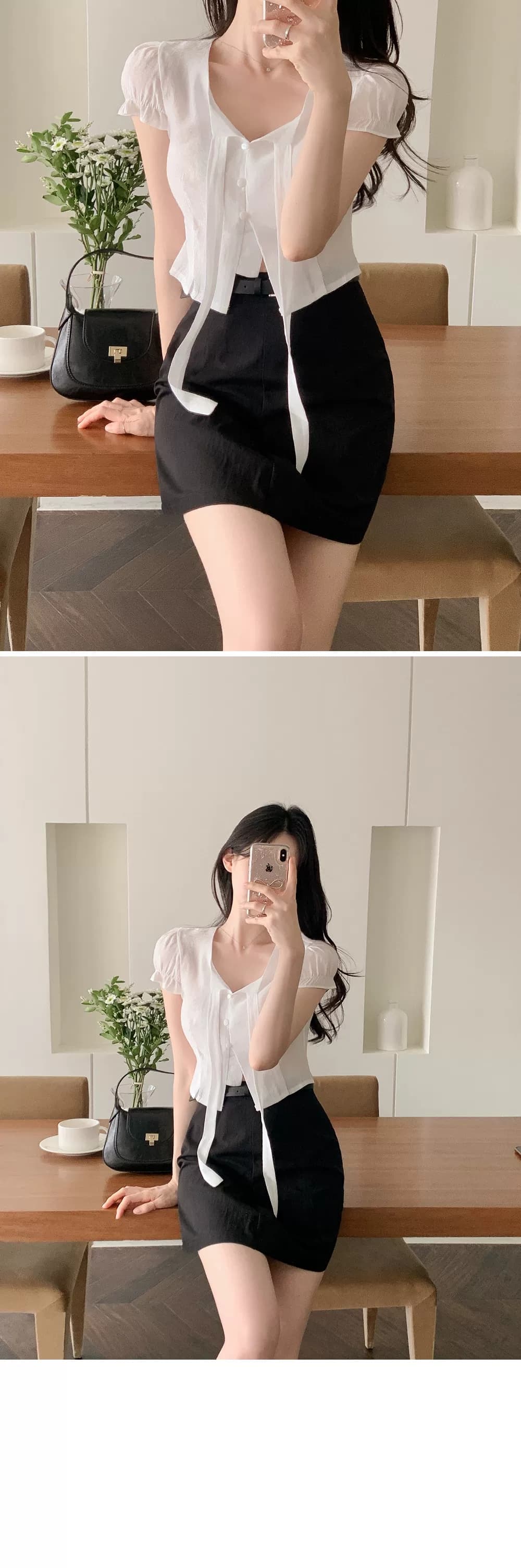 있음 선적 한국 ins 달콤함 품격 레이스업 반팔 셔츠 상세 이미지 9