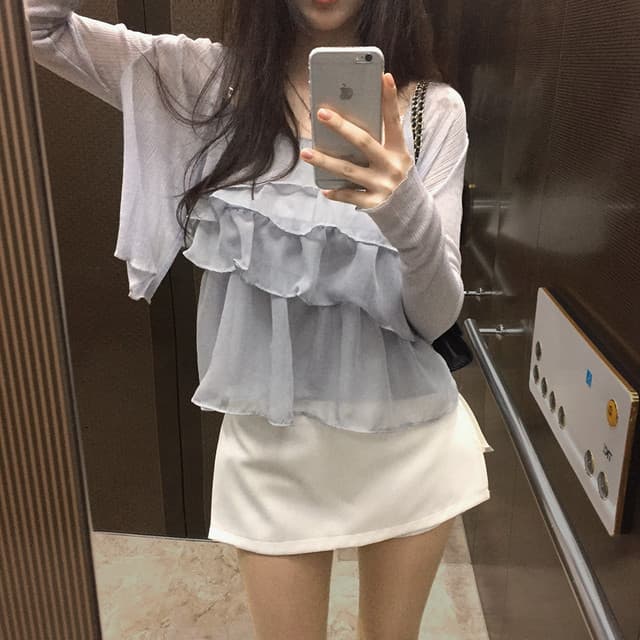있음 선적 한국 ins 프릴 케이크 층 마이크로 ~을 통해 캐미솔 이미지 2