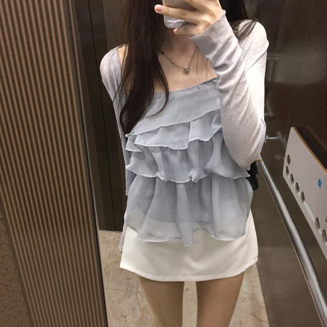 있음 선적 한국 ins 프릴 케이크 층 마이크로 ~을 통해 캐미솔 상세 이미지 28