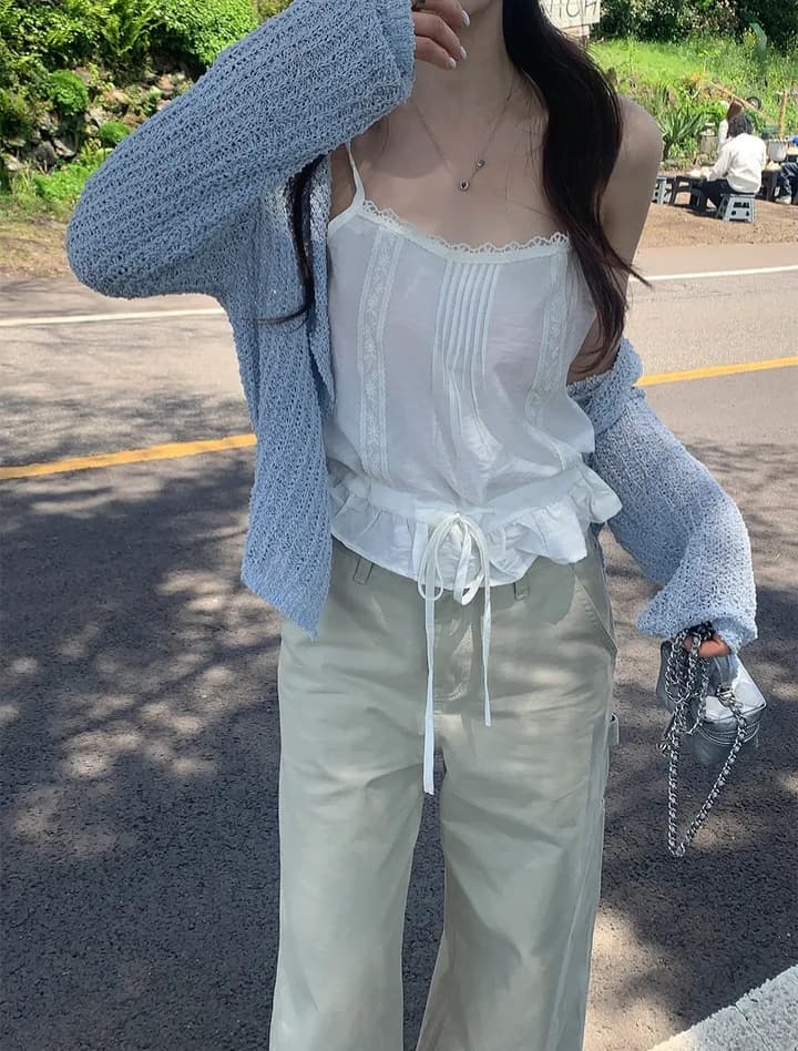 있음 선적 한국 chic 레이스 레이스 패치워크 레이스업 허리 수축 캐미솔 이미지 4
