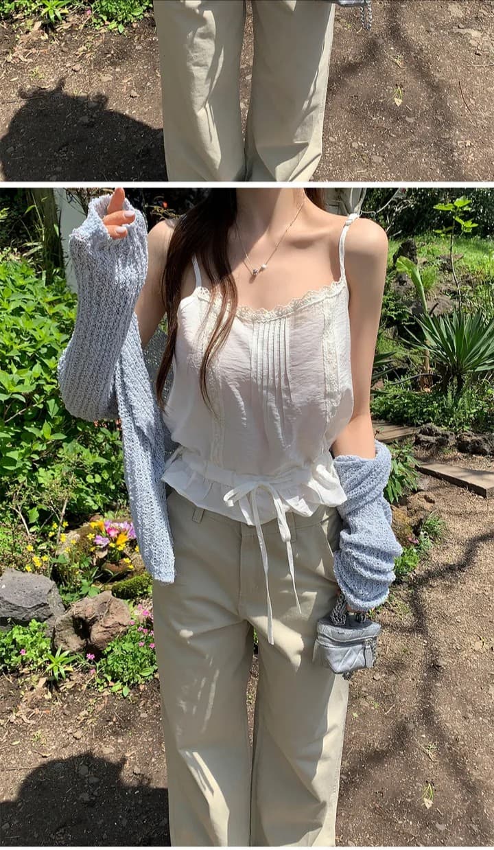 있음 선적 한국 chic 레이스 레이스 패치워크 레이스업 허리 수축 캐미솔 상세 이미지 3