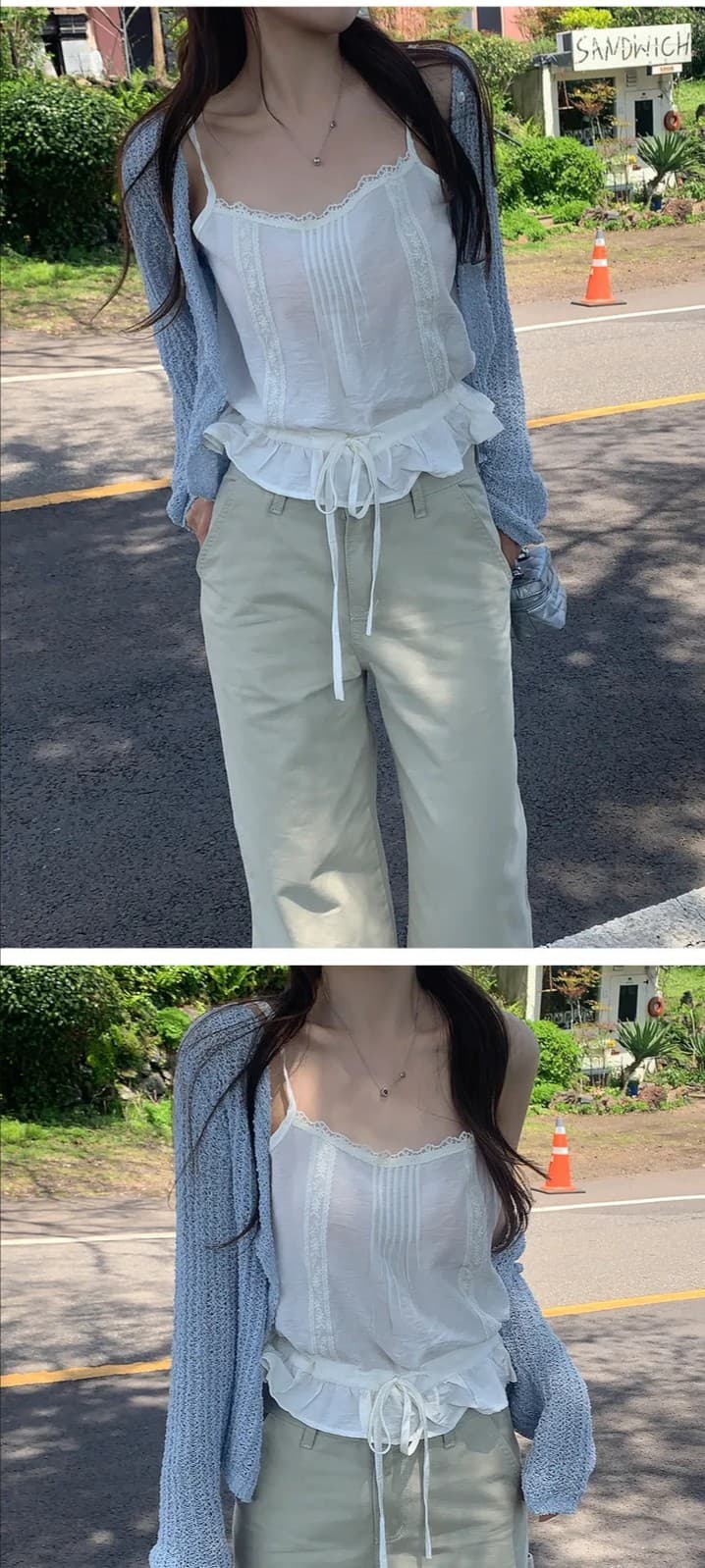있음 선적 한국 chic 레이스 레이스 패치워크 레이스업 허리 수축 캐미솔 상세 이미지 12