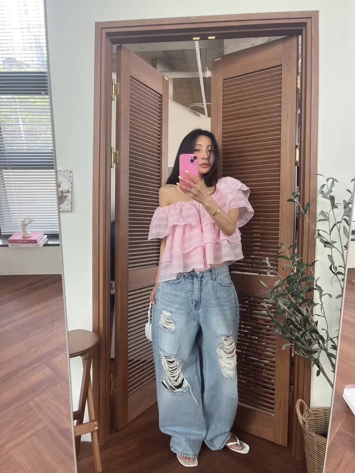 한국 ins 보트넥 프릴 케이크 인형 셔츠 상세 이미지 30