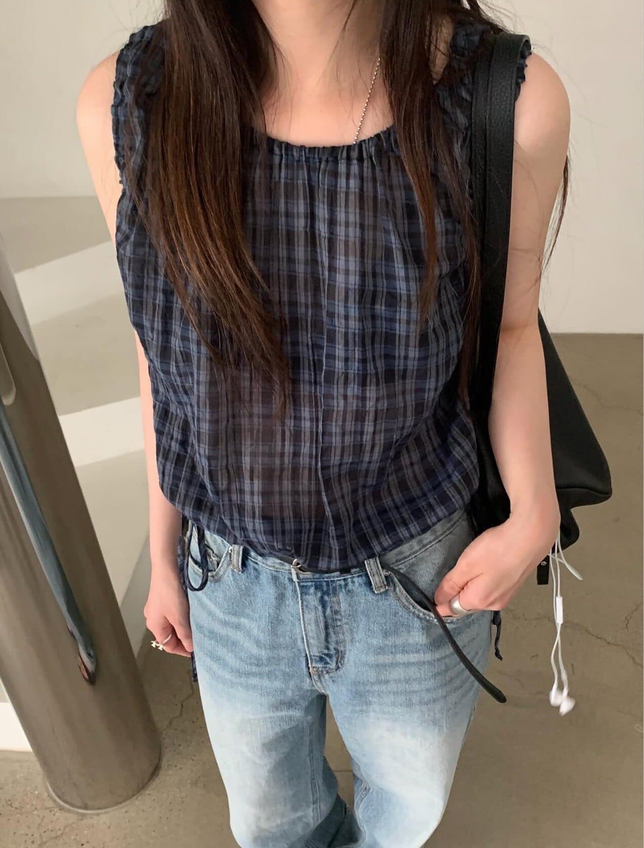 있음 선적 한국 chic 여름 새로운 달콤함 체크무늬 허리 펌프 로프 슬림해 보이는 민소매 셔츠 상세 이미지 5