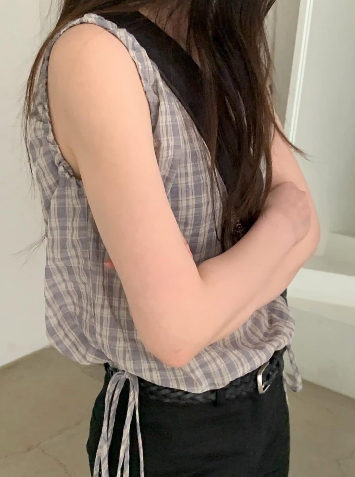 있음 선적 한국 chic 여름 새로운 달콤함 체크무늬 허리 펌프 로프 슬림해 보이는 민소매 셔츠 상세 이미지 6