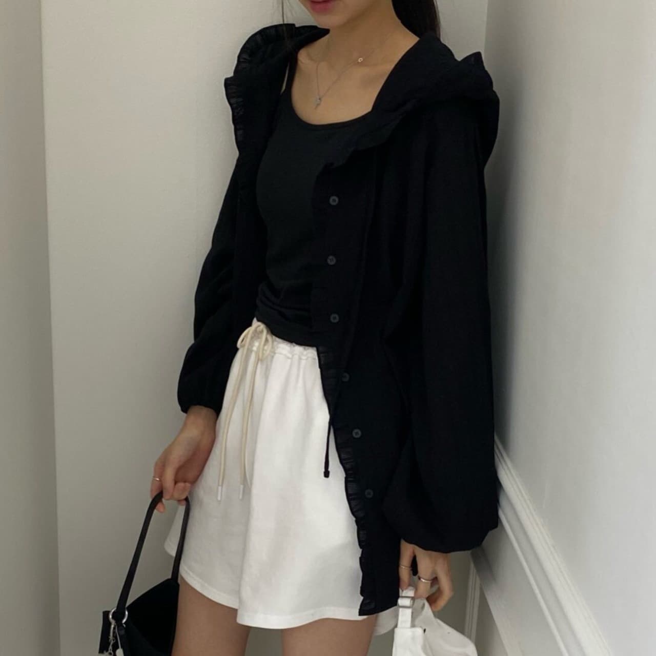 있음 선적 한국 ins 달콤함 연령 감소 자카드 프릴 패치워크 후드 자외선 차단 셔츠 이미지 3