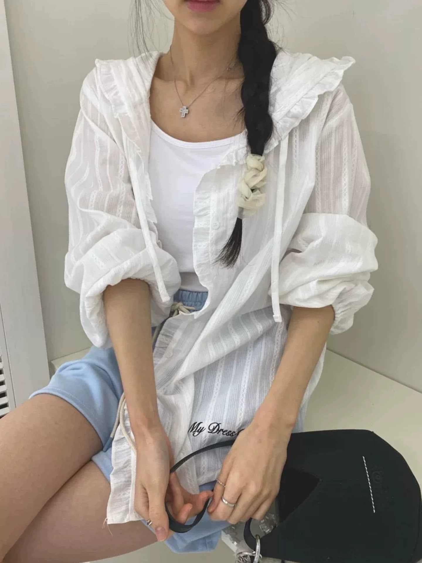있음 선적 한국 ins 달콤함 연령 감소 자카드 프릴 패치워크 후드 자외선 차단 셔츠 상세 이미지 2